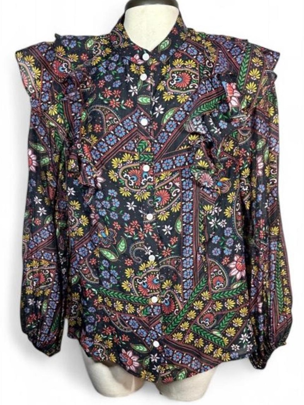 FATE Black Floral Paisley Ruffle Puff Sleeve Tencel Blouse M Boho Whimsygoth